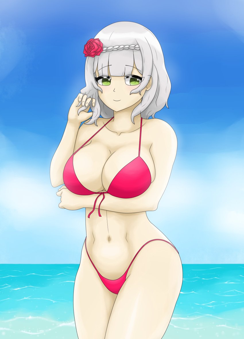 1girls 2d 2d_(artwork) ale_131 alternate_breast_size alternate_costume alternate_version_available arm_under_breasts belly belly_button big_breasts bikini bikini_bottom bikini_top bra cleavage clouds day female female_focus female_only flower flower_in_hair front_view genshin_impact green_eyes grey_hair high_resolution highres hoyoverse light-skinned_female light_skin looking_back navel noelle_(genshin_impact) ocean outdoors red_bikini red_bikini_bottom red_bikini_top red_bra red_swimsuit red_thong short_hair sky slim_girl smiling smiling_at_viewer solo solo_female solo_focus standing summer swimsuit thong thong_bikini two_piece_swimsuit voluptuous voluptuous_female water young younger_female younger_male