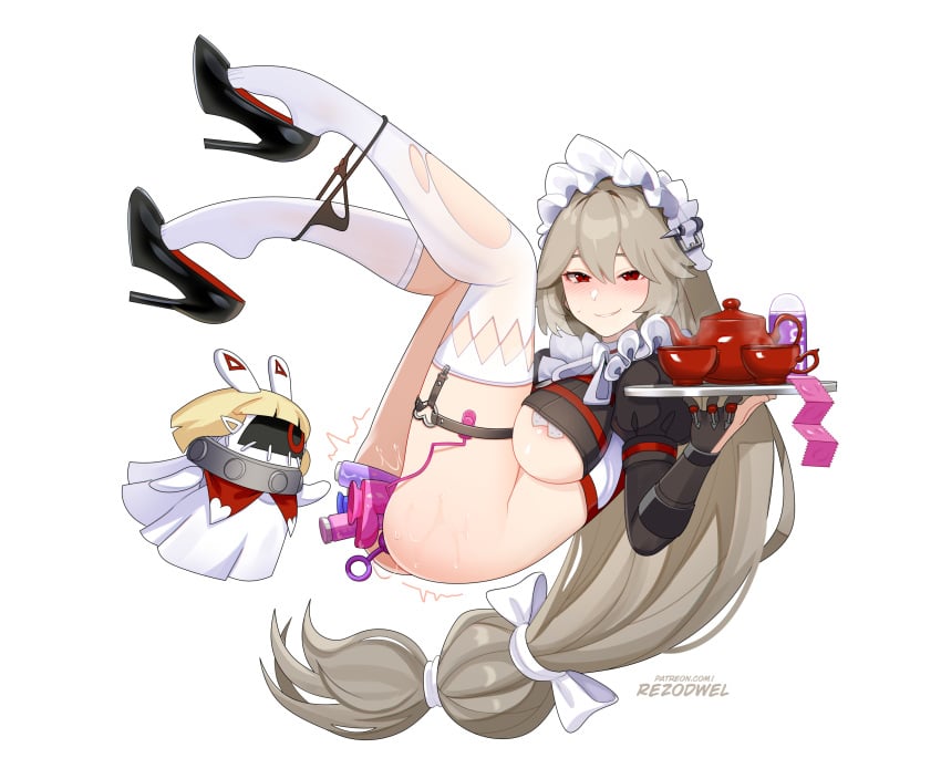 1girls alexandrina_sebastiane ass asymmetrical_legwear bangboo_(zenless_zone_zero) big_breasts blush bottomless breasts female female_focus floating grey_hair heels hi_res hoyoverse looking_at_viewer maid maid_headdress nipple_pasties nipples red_eyes rezodwel smile smiling smiling_at_viewer tagme tea_cup thigh_strap thighs victoria_housekeeping white_background zenless_zone_zero