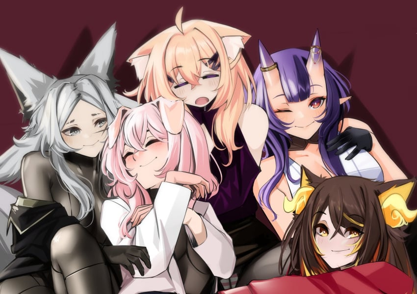 5girls ahoge animal_ear_fluff animal_ears black_gloves black_hair blonde_hair blue_eyes blush brown_hair cat_ears catgirl closed_eyes closed_mouth dog_ears dog_girl dya_rikku_(vtuber) fang female_only fox_ears fox_tail gloves hair_between_eyes hannahhyrule horns indie_virtual_youtuber long_hair looking_at_viewer multicolored_hair multiple_girls one_eye_closed open_mouth pink_hair purple_eyes purple_hair red_eyes sinder_(vtuber) smile squchan_(vtuber) tail virtual_youtuber vyugen whisker_markings white_eyes white_hair yuniiho_(character)