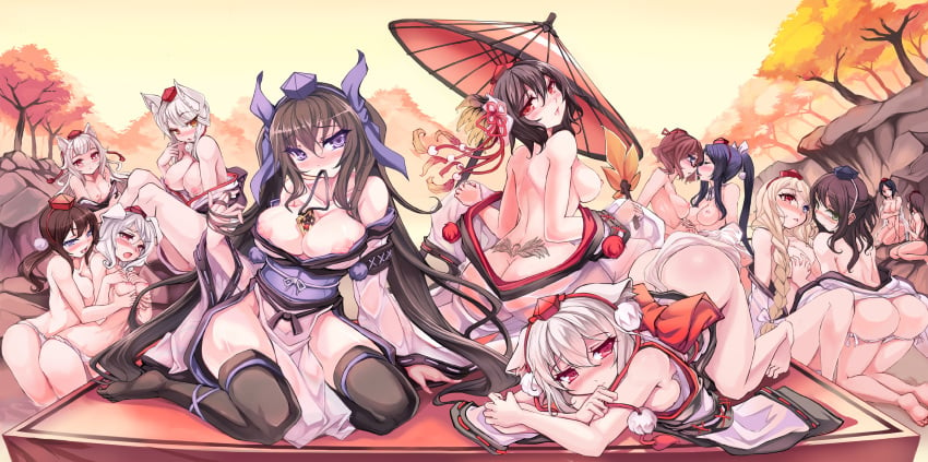 6+girls animal_ears ass back bare_arms bare_shoulders between_breasts black_hair black_legwear blue_eyes blush braid breast_grab breasts brown_hair butt_crack cellphone cleavage face-to-face female group_sex hair_ribbon hand_holding hat hat_ribbon hatate_himekaidou highres interlocked_fingers japanese_clothes kimono kneeling large_breasts long_hair long_sleeves looking_at_viewer looking_back momiji_inubashiri mouth_hold multiple_girls no_bra nude object_between_breasts off_shoulder open_mouth orgy oriental_umbrella panties panty_pull phone pink_eyes ponytail purple_eyes pz red_eyes ribbon ribbon_in_mouth sex shameimaru_aya side_ponytail silver_hair sitting spread_legs strap_pull thighhighs tied_hair tokin_hat top-down_bottom-up topless touhou tramp_stamp tree turning twin_braids twintails umbrella underwear undressing very_long_hair white_panties wide_sleeves wolf_ears yukata yuri