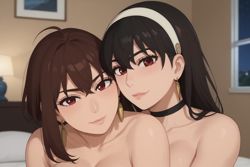 2girls ai_generated ayase_momo big_ass big_breasts black_hair brown_hair dandadan embracing girl_on_girl hugging naked naked_female radnsad spy_x_family yor_briar yor_forger yuri