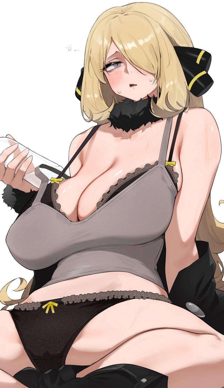 big_breasts blush bra breasts cynthia_(pokemon) hizake huge_breasts inner_thighs looking_at_viewer panties pokemon sitting sweat