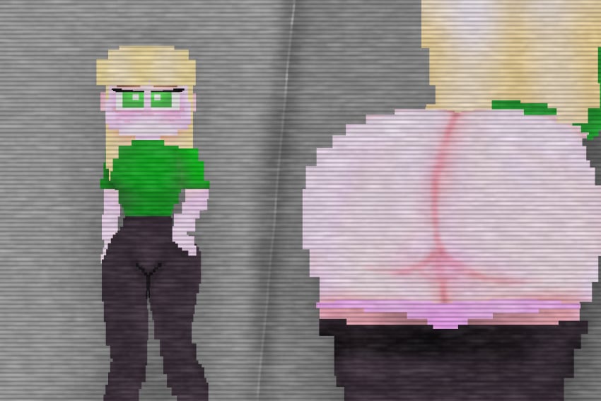 banditeere bent_over blonde_hair fat_ass five_nights_at_freddy's green_eyes mrs_afton panties_down pants_down pink_panties pixel_(artwork) pixel_art pixelated pussy scottgames solo