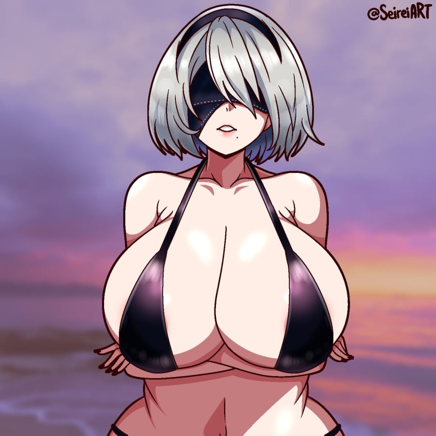 1girls 2d android arms_crossed_under_breasts artist_name artist_signature bare_shoulders beach belly belly_button big_breasts bikini bikini_only blurry_background breasts breasts_bigger_than_head cleavage crossed_arms evening facing_viewer female hair_ornament lips mole_under_mouth nier nier:_automata obscured_eyes open_mouth outdoors seireiart short_hair silver_hair solo source standing swimwear swimwear_only white_hair yorha_2b