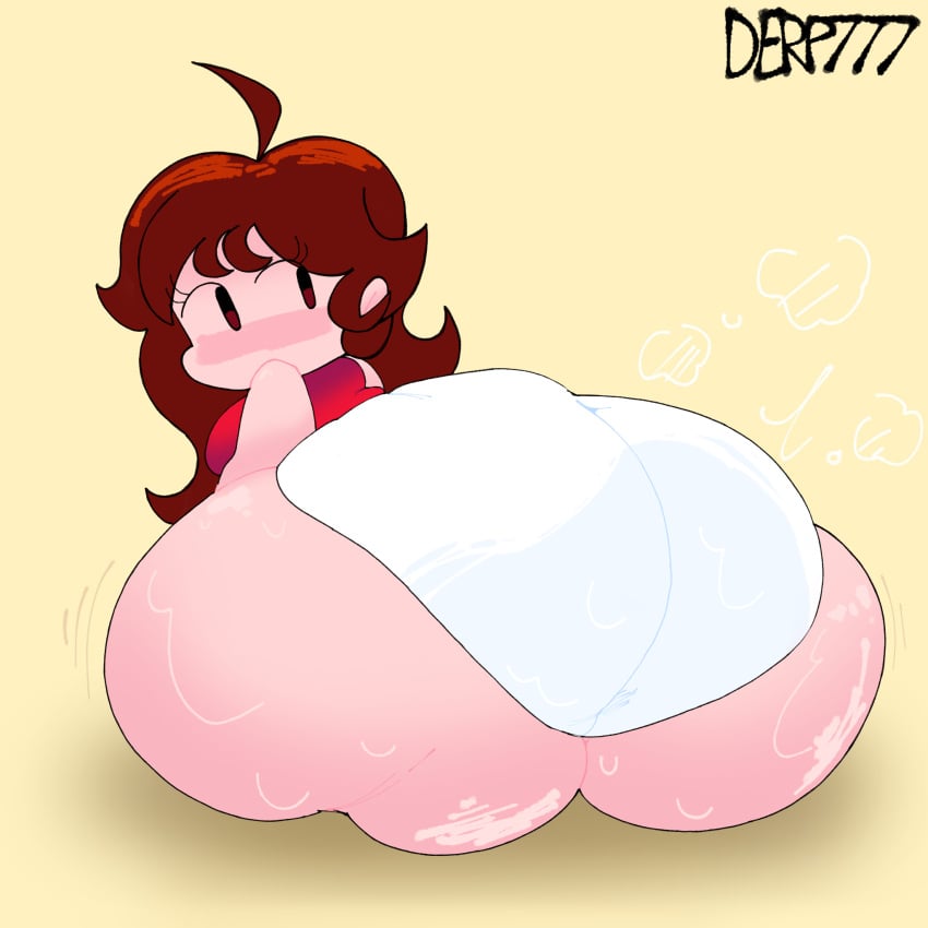 blush brown_hair chubby derp777 edit fat friday_night_funkin girlfriend_(friday_night_funkin) looking_at_viewer moonoatmeal obese pink_skin red_dress sweat sweaty_panties tagme white_panties yellow_background