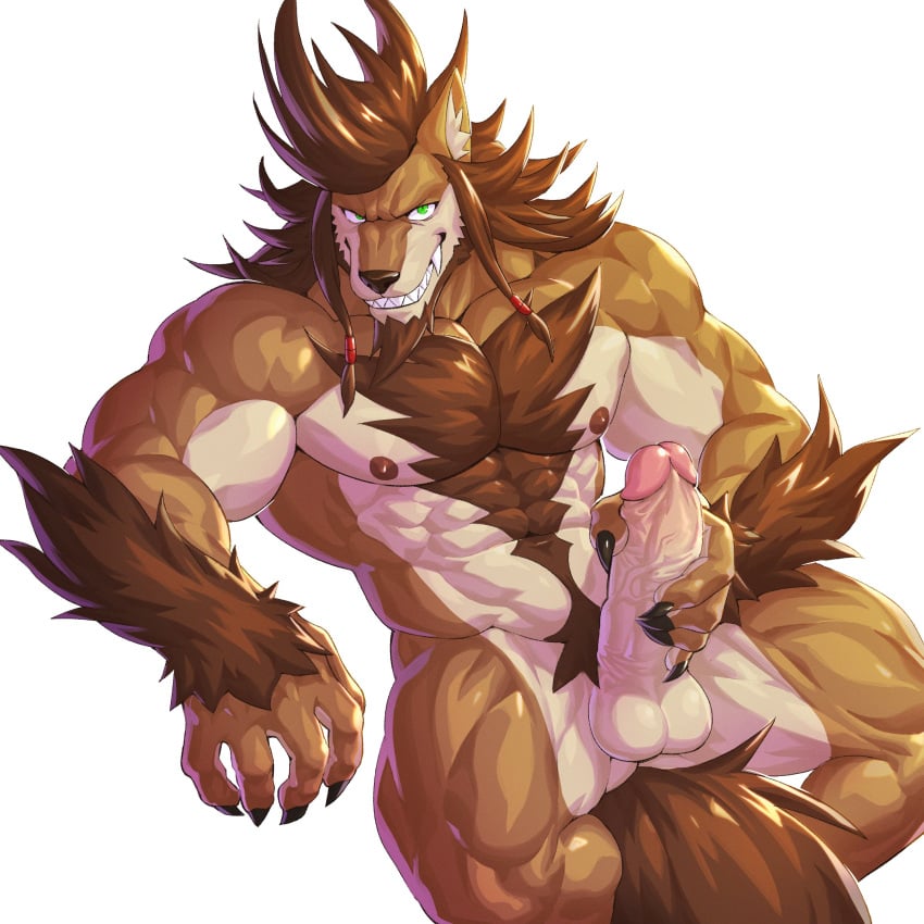 absurd_res anthro arm_hair balls beard body_hair canid canine chest_hair digital_drawing_(artwork) digital_media_(artwork) erection facial_hair fur genitals hair happy_trail hi_res holding_penis male male_anthro mammal muscular muscular_anthro muscular_male nipples peapeafur penis pubes re:zero ricardo_welkin simple_background solo white_background