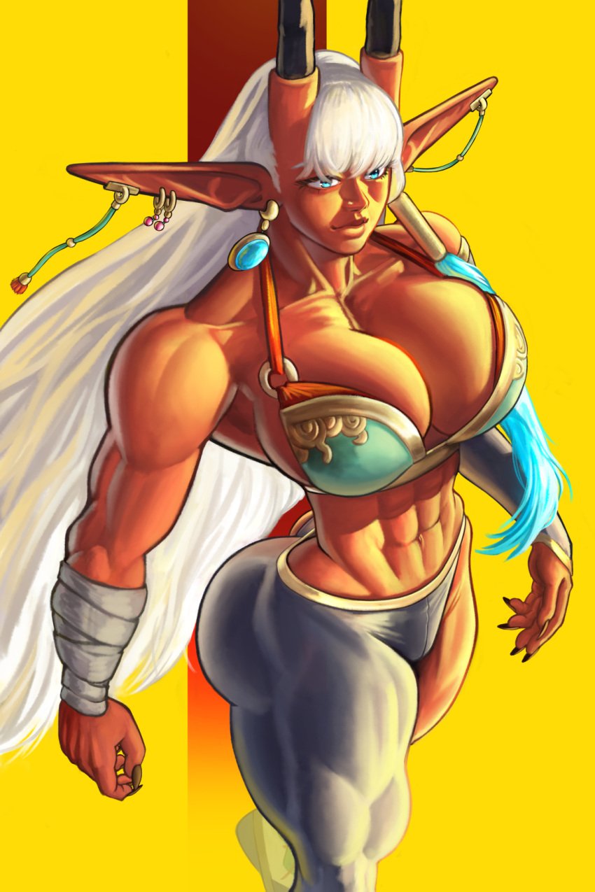 above_view abs ass big_ass big_breasts blonde_hair cyan_eyes horn horns huge_ass huge_breasts large_breasts large_butt leggings muscular red_skin standing teal_eyes thick_ass thick_thighs thin_waist wide_hips yami_akane_(artist) yami_akane_(character)