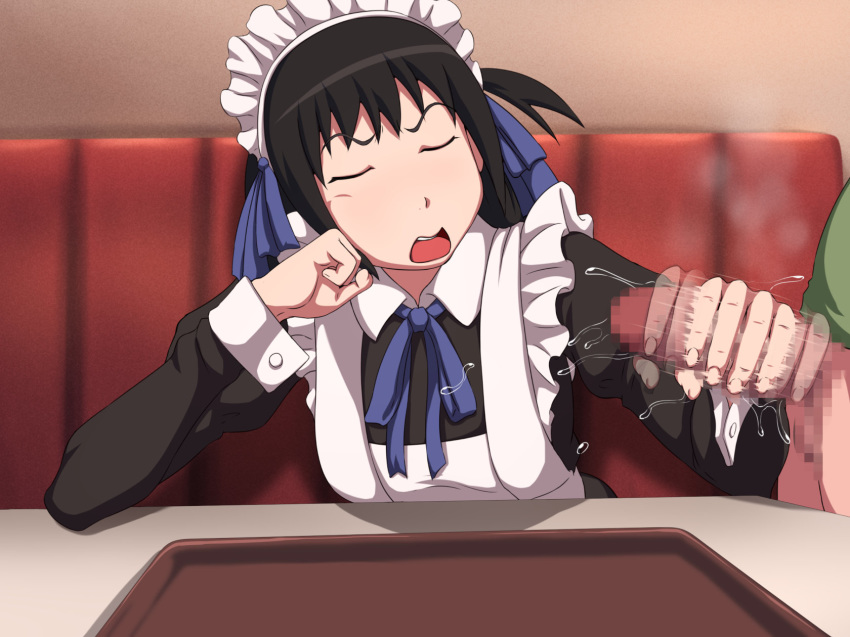 arashiyama_hotori bangs black_hair bottomless breasts censored chin_rest closed_eyes clothing female hair_ribbon handjob highres indoors maid maid_headdress maku_(l-u) mosaic_censoring motion_blur open_mouth penis ribbon short_hair side_ponytail sitting solo_focus soredemo_machi_wa_mawatteiru standing table