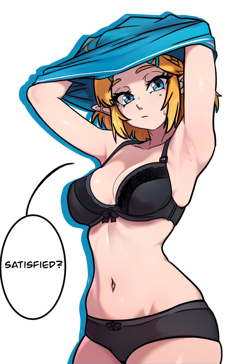 1girls absurdres armpits arms_up black_bra black_panties blonde_hair blue_eyes bow bow_bra bow_in_front bow_panties bra female highres mole mole_under_eye navel nintendo panties pointy_ears princess_zelda redpostit short_hair solo speech_bubble stomach tears_of_the_kingdom the_legend_of_zelda underwear undressing