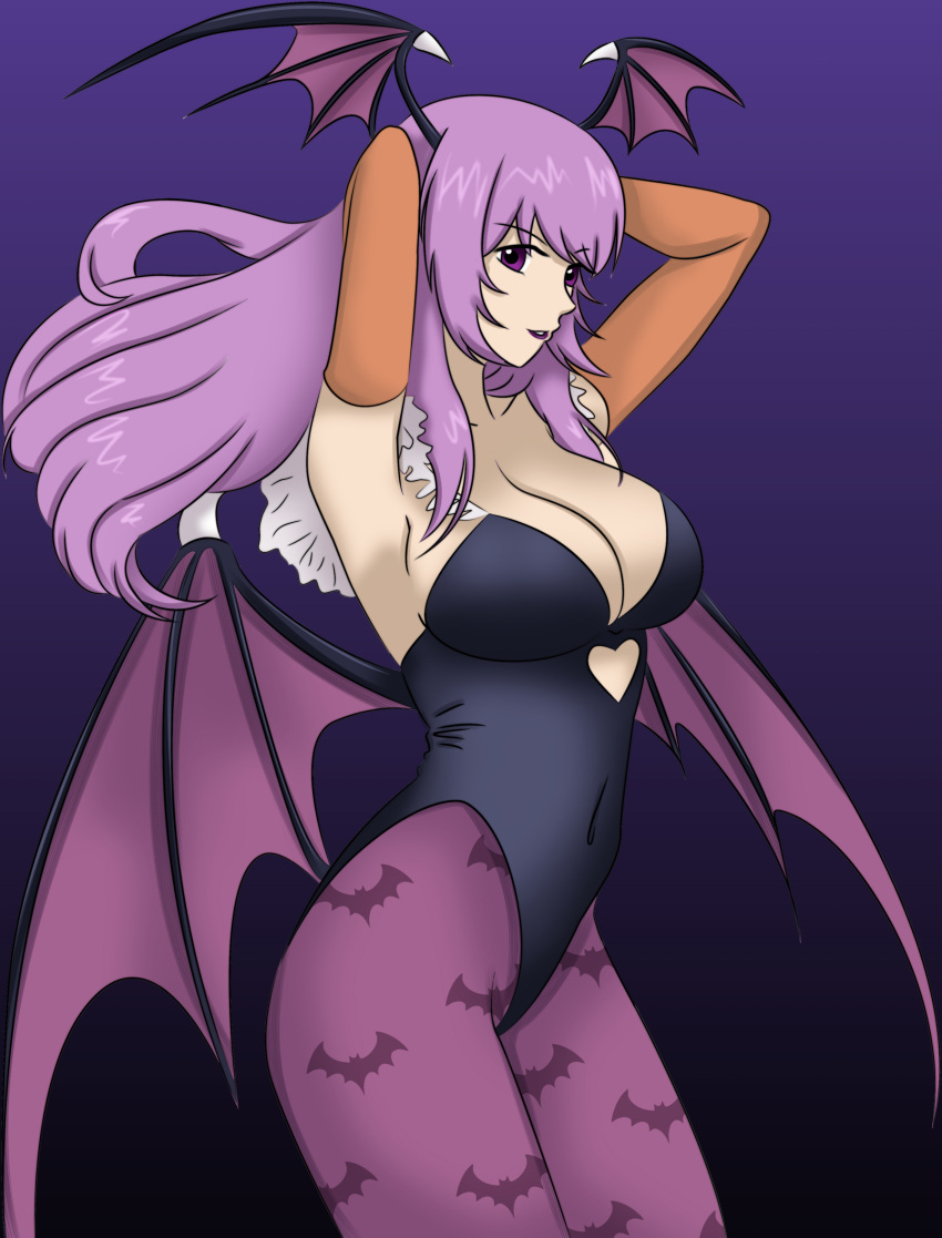 arms_behind_back bat_print bat_wings breasts capcom circe_(sayo-tr) cleavage cosplay covered_navel curvaceuos darkstalkers female gradient_background large_breasts leotard mature_female milf morrigan_aensland morrigan_aensland_(cosplay) no_watermark original original_character pantyhose purple_background purple_eyes purple_hair sayo-tr seductive skimpy_clothes skin_tight smile solo tagme wings