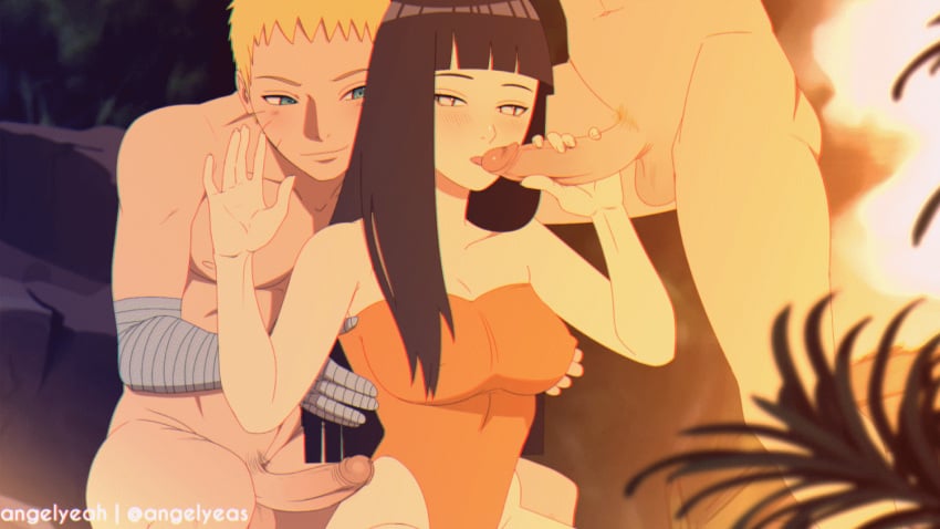 1girls 2boys angelyeah animated beach black_hair blowjob blush breast_grab breasts clone cute dark_blue_hair fellatio handjob hime_cut hyuuga_hinata imminent_deepthroat imminent_oral lake long_hair naruto naruto_(series) naruto_shippuden oral pale-skinned_female penis petite shounen_jump shy smile swimsuit threesome unseen_male_face uzumaki_naruto white_eyes yellow_hair