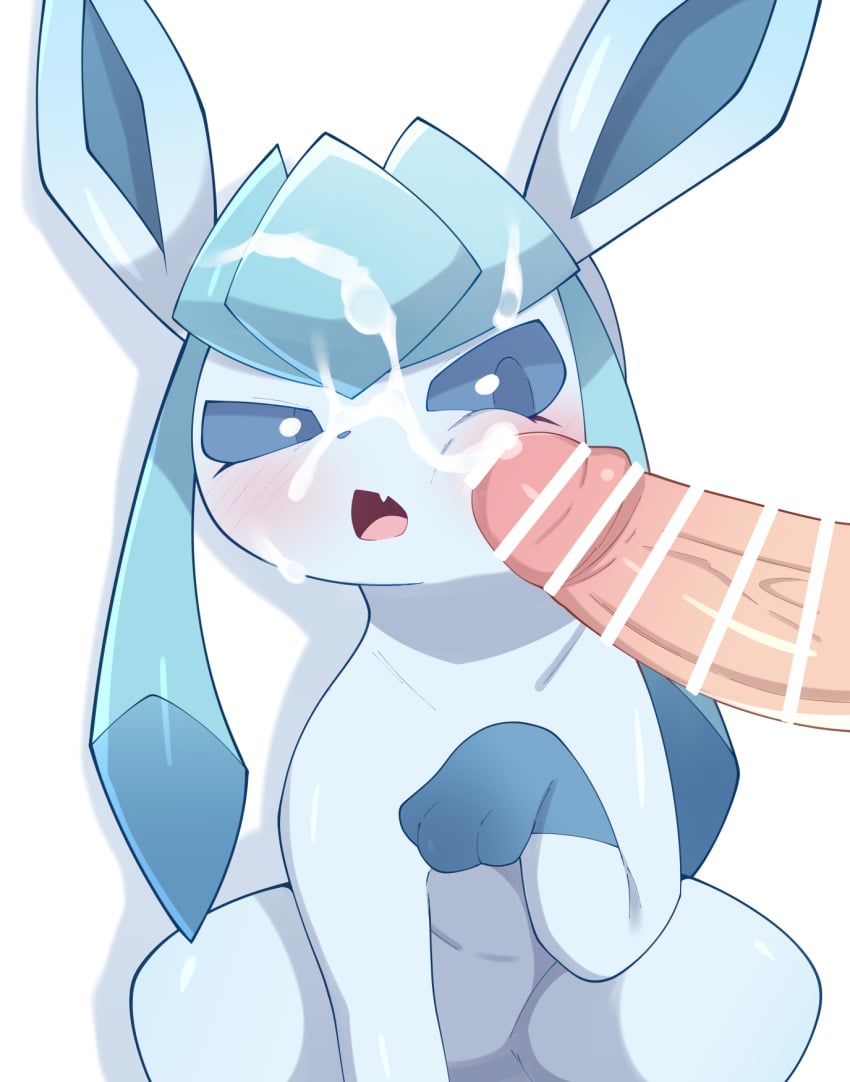 ambiguous_gender blue_body blue_fur blue_sclera blush bodily_fluids censor_bar censored cum duo eeveelution erection feral fur generation_4_pokemon genital_fluids genitals glaceon glans hi_res himimi human humanoid_genitalia humanoid_penis ineffective_censorship male mammal nintendo open_mouth paws penis penis_on_face pokemon pokemon_(species) pokephilia quadruped simple_background white_background white_eyes