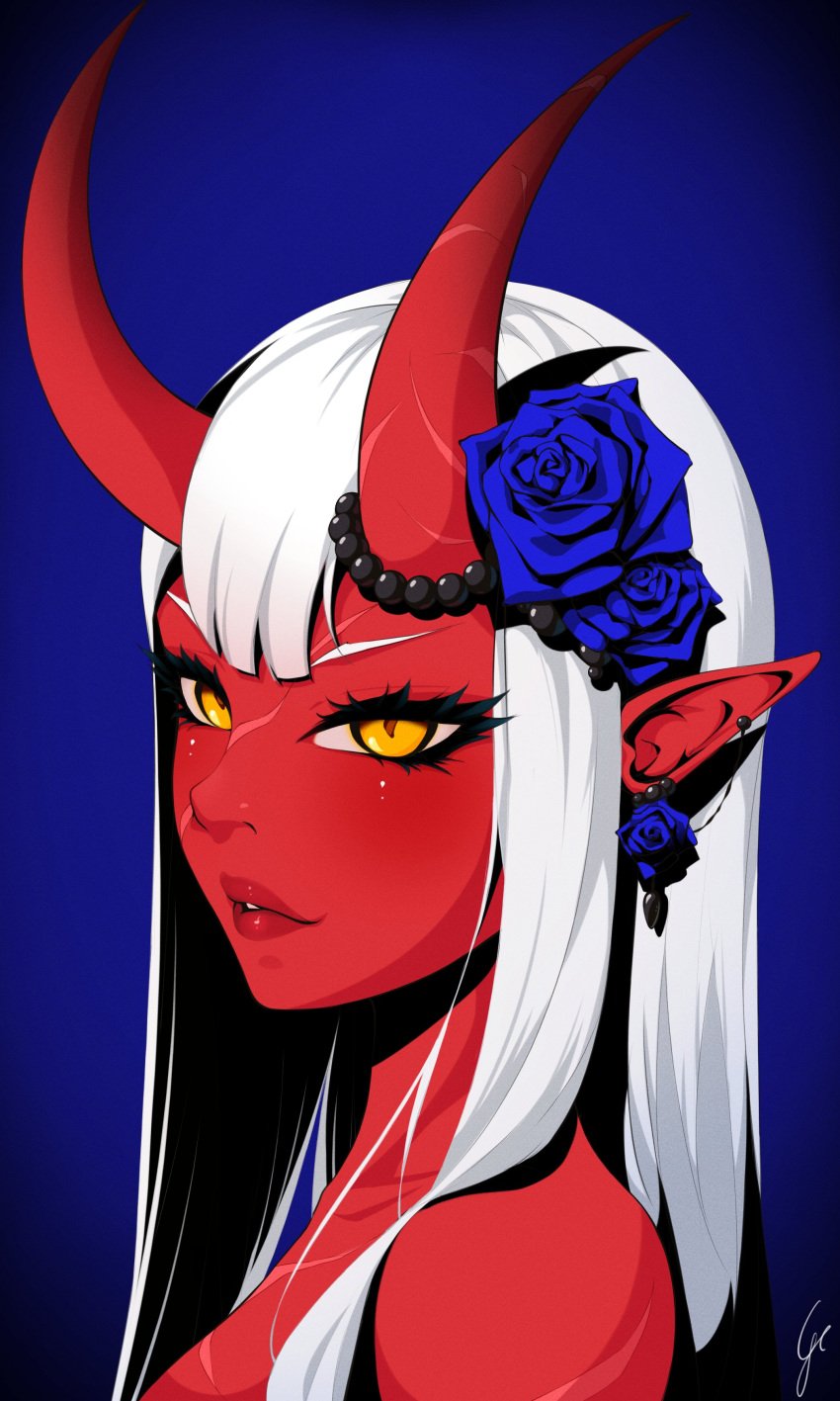 1girl akumi bare_shoulders blue_background demon_girl face female flower hair_flower hair_ornament horns lips long_hair looking_at_viewer oni oni_horns pointy_ears red-skinned_female red_skin rose scars signature solo virtual_youtuber vyugen white_hair yellow_eyes