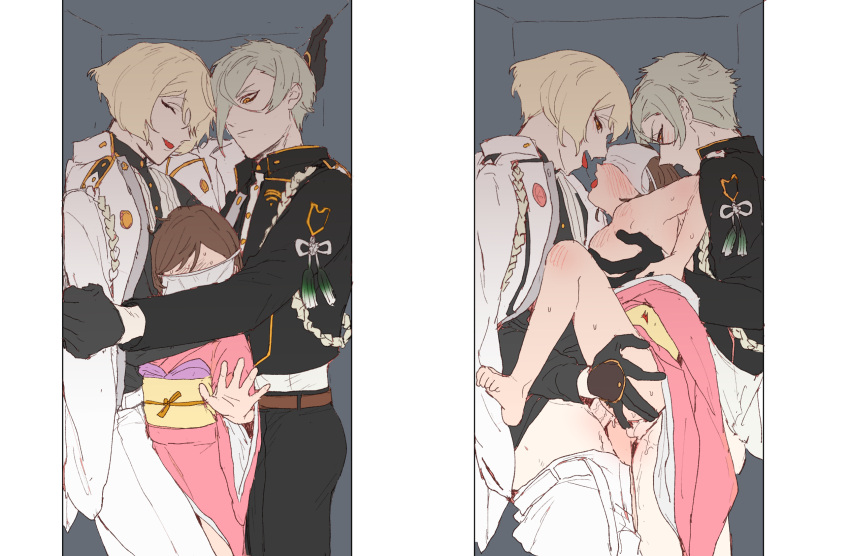 2boys anal blonde_hair boy_sandwich brown_hair coat commentary_request cramped dal-gi double_penetration faceless faceless_female female female_saniwa_(touken_ranbu) french_kiss green_hair group_sex higekiri_(touken_ranbu) highres hizamaru_(touken_ranbu) japanese_clothes kimono kissing korean_commentary mmf_threesome multiple_boys orange_eyes pink_kimono saliva saliva_trail sandwiched short_hair straight stuck_in_a_box threesome touken_ranbu upright_straddle vaginal_penetration