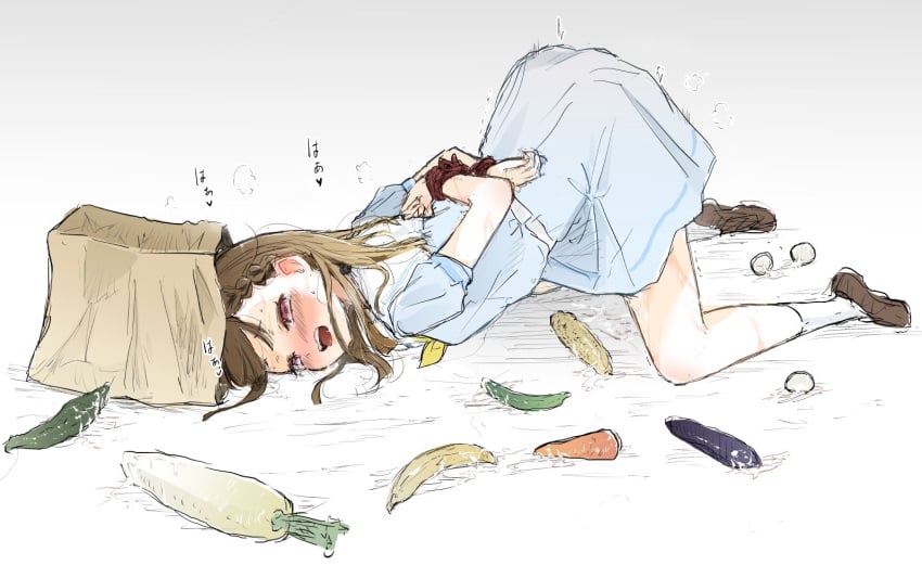 after_insertion arms_behind_back ast bag banana blue_dress blush bondage bondage bound brown_footwear brown_hair carrot commentary corn cucumber daikon dress egg eggplant female food food_request fruit full_body grey_background half-closed_eyes hasu_no_sora_school_uniform heavy_breathing kachimachi_kosuzu link!_like!_love_live! loafers long_hair looking_at_viewer love_live! medium_dress neckerchief nose_blush open_mouth paper_bag pink_eyes pleated_dress puffy_short_sleeves puffy_sleeves pussy_juice radish sailor_collar sailor_dress school_uniform shoes short_sleeves solo straight_hair summer_uniform teeth top-down_bottom-up upper_teeth_only virtual_youtuber white_sailor_collar yellow_neckerchief