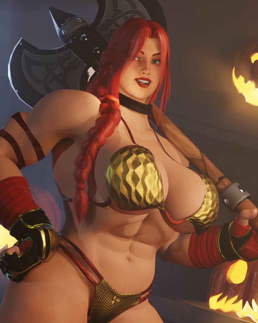 1girls 3d athletic_female axe battle_axe big_breasts halloween halloween_costume marisa_rossetti muscular_arms muscular_female red_hair rougenine street_fighter street_fighter_6