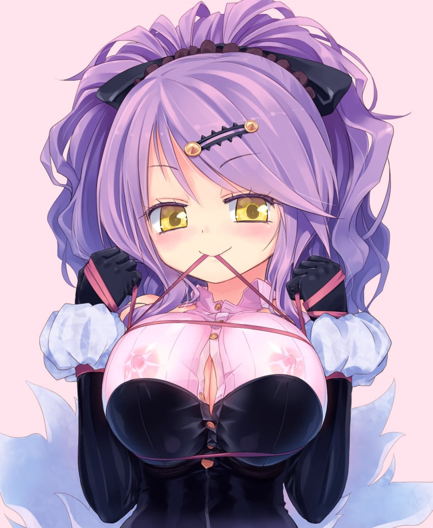 blush bondage breast_bondage breasts bust center_opening chandelure cleavage dress elbow_gloves erect_nipples eyelashes female gloves hair_ornament hairclip highres homura_subaru large_breasts mouth_hold nipples personification pokemon ponytail purple_hair ribbon ribbon_bondage ribbon_in_mouth see-through smile solo tied_hair unbuttoned yellow_eyes