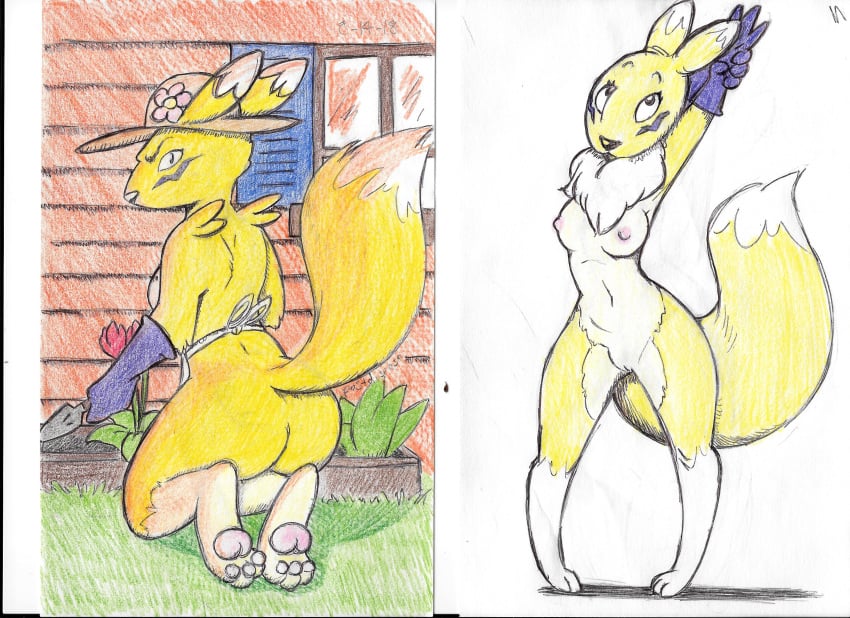 2018 apron ass breasts building canine chest_tuft clothing digimon female flower fur gardening gloves grass hat house kneeling landscaping looking_back mammal nipples outside pawpads plant postdisease presenting presenting_hindquarters pussy raised_tail renamon sideboob simple_background stretching traditional_media_(artwork) trowel tuft white_background window yellow_fur