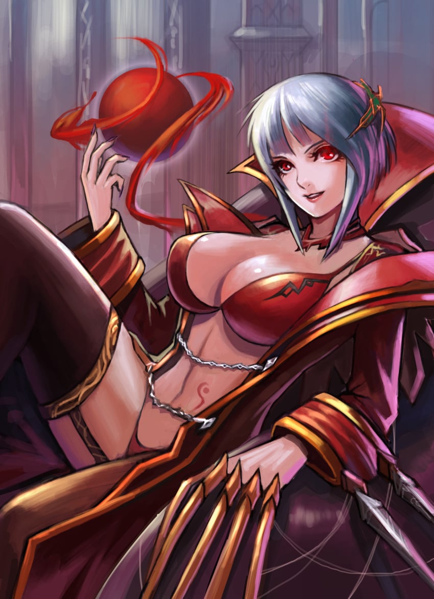 beige_skin blue_hair claws clothes color female female_only hair league_of_legends looking_at_viewer open_clothes open_eyes red_eyes rule_63 short_hair sitting solo tagme vladimir_(league_of_legends)