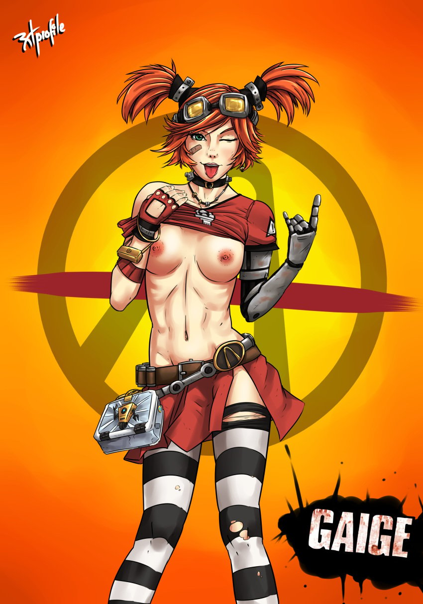 1girls big_breasts borderlands borderlands_2 breasts female gaige_(borderlands) green_eyes lipstick nipples radprofile red_hair solo tease tied_hair tongue twintails wink