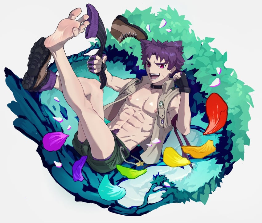 1boy abs barefoot camp_buddy feet foot_fetish male male_focus male_only muscular muscular_male pecs purple_hair slimy-tablet solo solo_male yoichi_yukimura