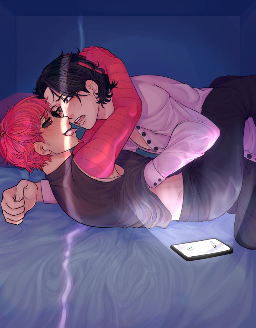 2boys background bed black_eyes black_hair blush color colored gay ignored_phonecall laying_down laying_on_bed male male/male male_only pale_skin pink_eyes pink_hair prosthetic prosthetic_arm prosthetic_limb short_hair tagme tagme_(artist) taking_clothes_off tongue tongue_kiss touching touching_body unknown_artist unknown_source victor_blake vincent:_the_secret_of_myers vincent_edgeworth