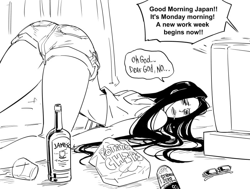 absurdres bb_(baalbuddy) beer_can bent_over black_hair bottle can drink_can drooling english_text eyewear_removed female food_packaging highres long_hair monster_musume_no_iru_nichijou ms._smith solo speech_bubble strong_zero sunglasses television top-down_bottom-up unworn_eyewear wine_bottle