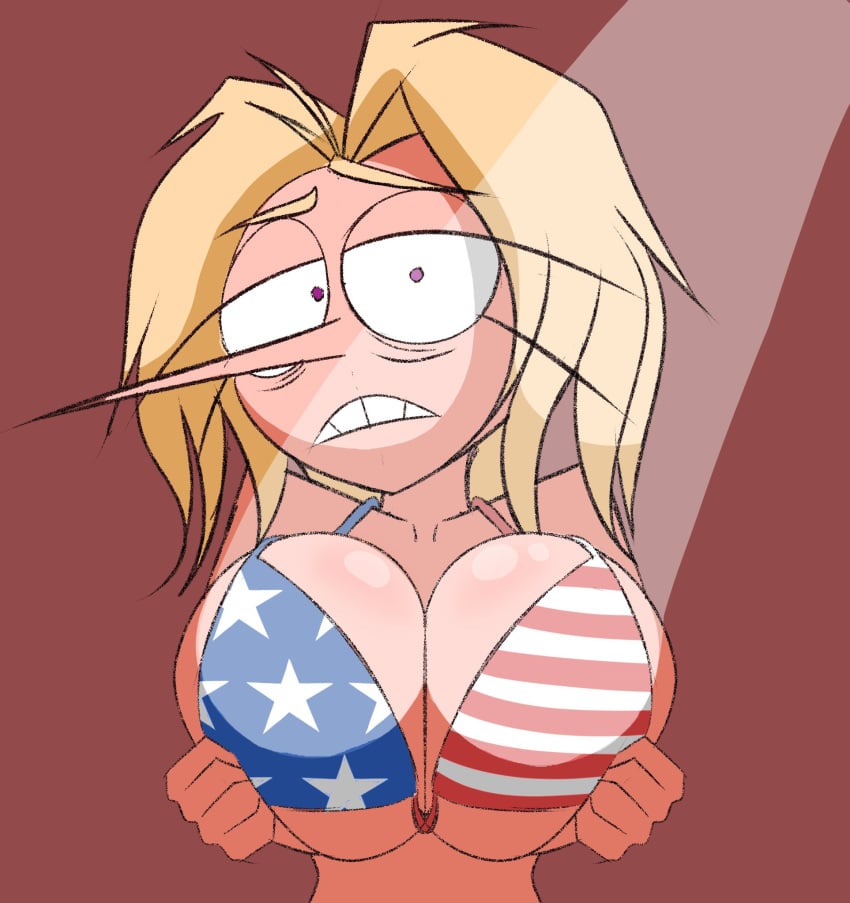 1girls 2d 2d_(artwork) american_flag_bikini big_breasts blonde_hair bra eyebags fourth_of_july light-skinned_female light_skin long_nose oc original orignal_character patty_(pepperonpatty) pepperonpatty pointy_nose usa_bikini