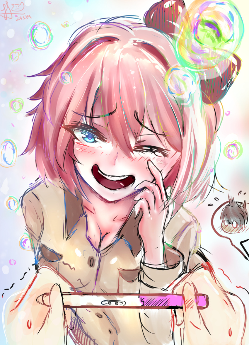 blue_eyes blush bow crunnix cute doki_doki_literature_club good_end hair_bow hairbow not_porn pregnancy_test red_bow red_hair_bow red_hairbow safe safe_for_work sayori_(doki_doki_literature_club) sfw strawberry_blonde_hair wholesome