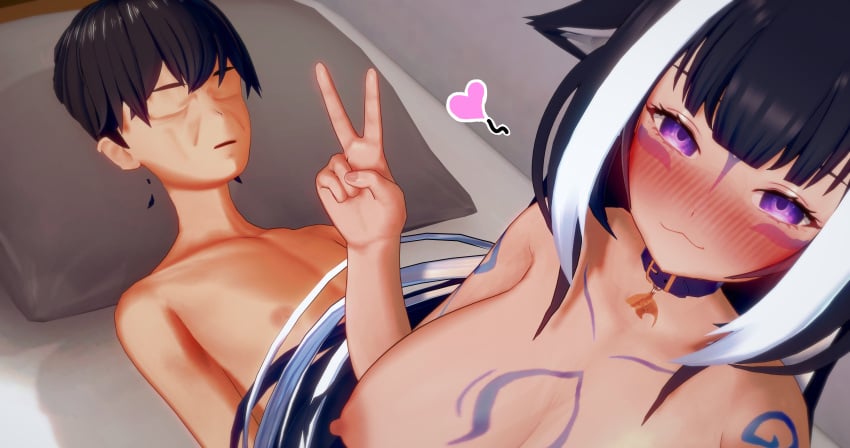 1boy 1girls 3d :3 after_sex areolae bed big_breasts black_hair blush blush body_markings breasts collar deluxe_rosie exhausted female heart indie_virtual_youtuber long_hair looking_at_viewer lying lying_on_back lying_on_bed male multicolored_hair name_tag naughty_face nipples nude nude_female nude_male on_bed orca_girl orca_tail peace_sign purple_eyes purple_hair short_hair shylily sitting sitting_on_bed skinny skinny_male smile virtual_youtuber white_hair