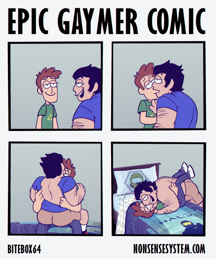 2022 2boys ass bed bitebox64 clothed comic digital_media_(artwork) epic_gamer_comic eric_simmons eugene_harper gay kissing male/male male_only no_dialogue no_visible_genitalia on_top partially_clothed ripped_clothing shirtless skinny tagme taking_clothes_off toony yaoi