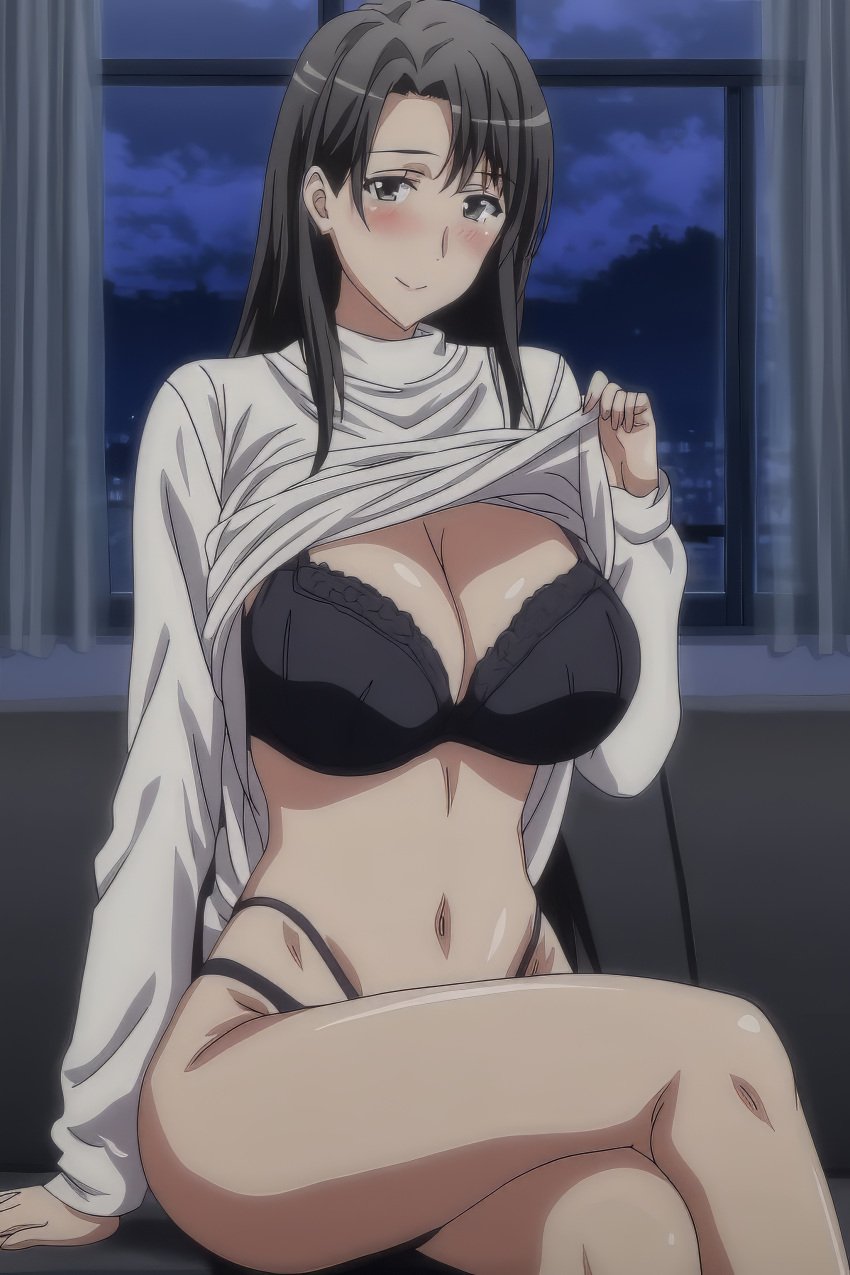 ai_generated black_bra black_hair black_panties bra breasts grey_eyes hiratsuka_shizuka huge_breasts large_breasts long_hair my_teen_romantic_comedy_snafu navel panties shirt_lift stomach tagme