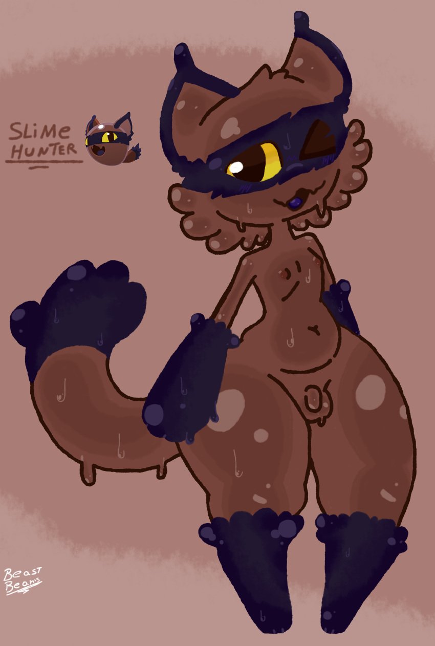 absurd_res ambiguous_gender anthro balls blush bodily_fluids brown_body canid canine digital_media_(artwork) fox fur genital_fluids genitals goo_creature hi_res hunter_slime looking_at_viewer male mammal nipples nude open_mouth penis simple_background slime slime_(slime_rancher) slime_rancher small_penis smile solo sosu-the-blue-wolf tail yellow_eyes