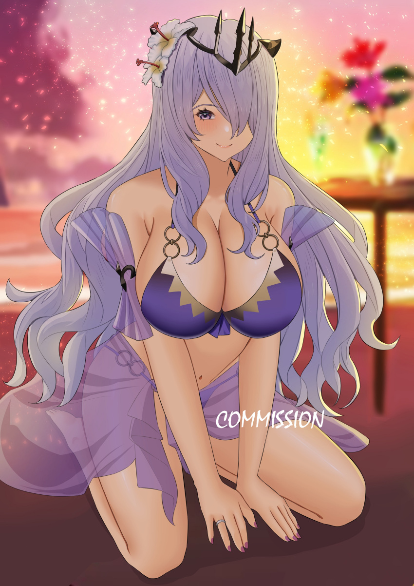 1girls alternate_costume beach bikini camilla_(fire_emblem) camilla_(light_of_nohr)_(fire_emblem) camilla_(summer)_(fire_emblem) cleavage crown female female_only fire_emblem fire_emblem_fates fire_emblem_heroes genm7 kneeling large_breasts long_hair nintendo official_alternate_costume purple_bikini purple_hair purple_swimsuit ring ring_(jewelry) solo swimsuit