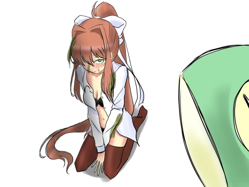 black_bra black_panties bra breasts cleavage doki_doki_literature_club frog green_eyes long_hair matching_underwear mhmundead miham_moni monika_(doki_doki_literature_club) oham_yuri panties white_bow