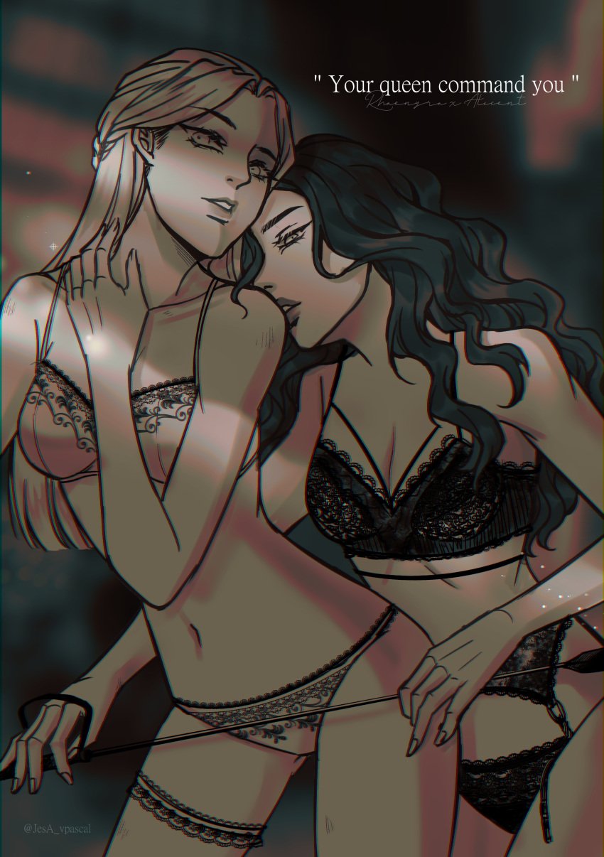 2girls a_song_of_ice_and_fire alicent_hightower bra brown_hair female female/female female_only house_of_the_dragon imminent_lesbian_sex imminent_sex kissing_shoulder lace-trimmed_bra lace-trimmed_panties panties queen rhaenyra_targaryen silver_hair undressing_another yuri