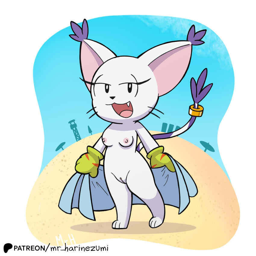 anthro bandai_namco beach breasts clothing digimon digimon_(species) el_senor_erizo felid female fur gatomon genitals gloves handwear hi_res looking_at_viewer mammal nude pussy sand solo towel white_body white_fur