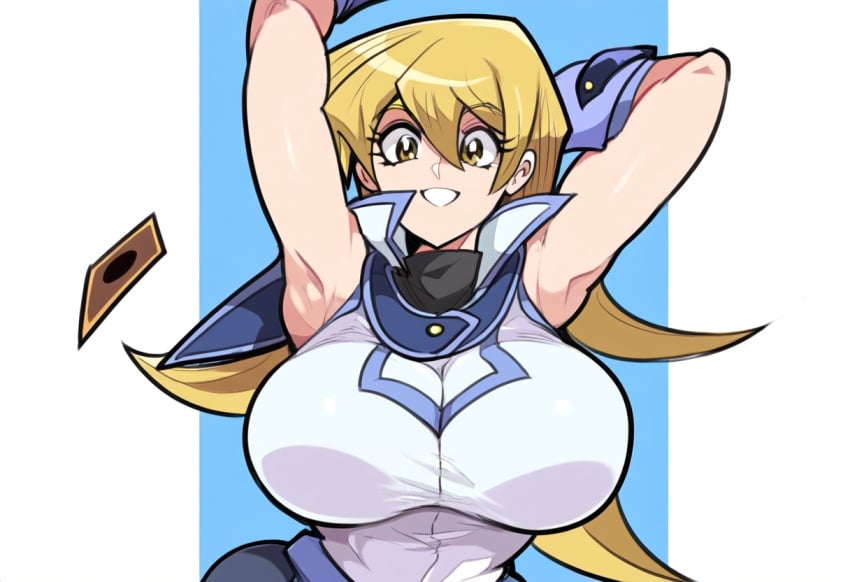 ai_generated alexis_rhodes big_breasts blonde_hair card duel_academy_uniform_(yu-gi-oh!_gx) female mullon novelai solo yu-gi-oh! yu-gi-oh!_gx