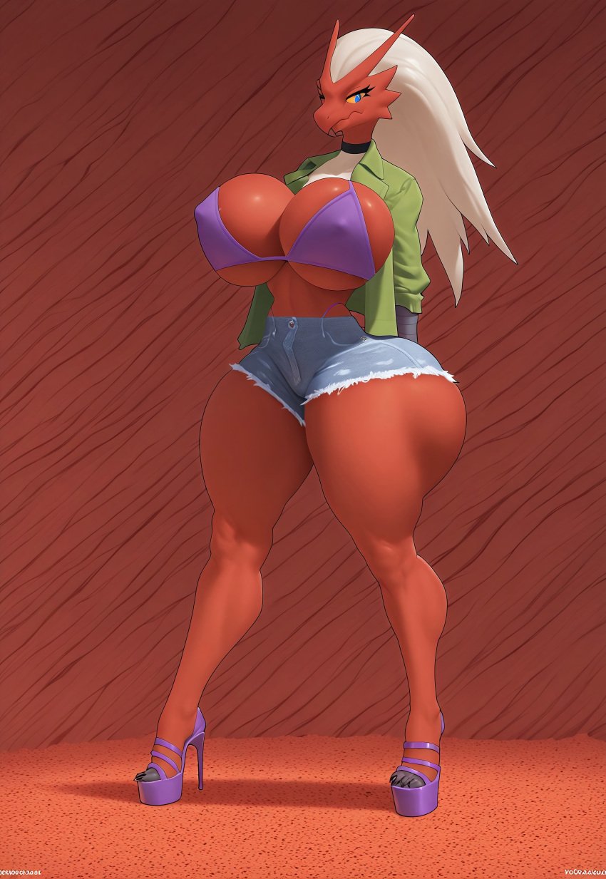 1girls ai_generated anthro ass_implants big_thighs blaziken blue_eyes cave chicken_girl enormous_breasts fake_breasts game_freak generation_3_pokemon high_heels huge_breasts jacket jeans_shorts long_legs mane massive_breasts nintendo orange_background plastic pokemon pokemon_(species) pokemon_rse shorts silicone_implants simple_background solo solo_female thight_clothing thong_straps yellow_mane yellow_sclera