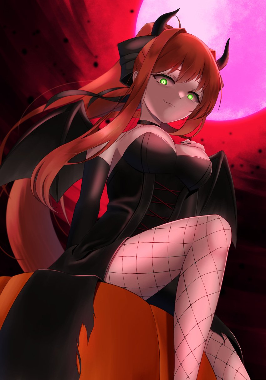 breasts doki_doki_literature_club fishnets green_eyes hand_on_breast hand_on_own_breast hand_on_own_chest horns long_hair mhmundead miham_moni monika_(doki_doki_literature_club) oham_yuri seductive seductive_look