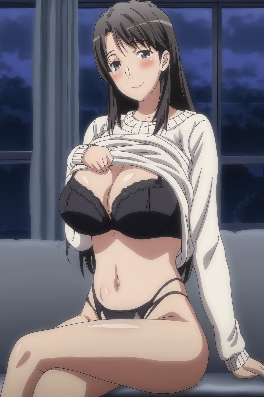 ai_generated black_bra black_hair black_panties bra breasts grey_eyes hiratsuka_shizuka huge_breasts large_breasts long_hair my_teen_romantic_comedy_snafu navel panties shirt_lift stomach tagme