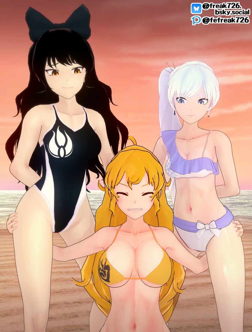 2024 3d 3girls ahoge beach belly_button big_breasts bikini black_hair black_swimsuit blake_belladonna blonde_hair blue_bikini blue_eyes bow breasts canon_couple catgirl closed_eyes commission digital_media_(artwork) earrings faunus fefreak726 female female_only holding_thigh kemonomimi light-skinned_female long_hair looking_at_partner looking_down navel ocean one-piece_swimsuit rooster_teeth rwby side_ponytail smiling stomach sunset swimsuit tagme weiss_schnee white_hair yang_xiao_long yellow_bikini yellow_eyes yuri