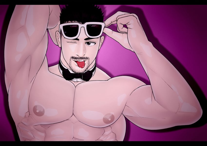 10s 1boy 2017 bara black_hair glasses_on_head kensuke_(yhs8) light_skin male male_only muscular nipples no_visible_genitalia original saliva solo tagme tongue_out