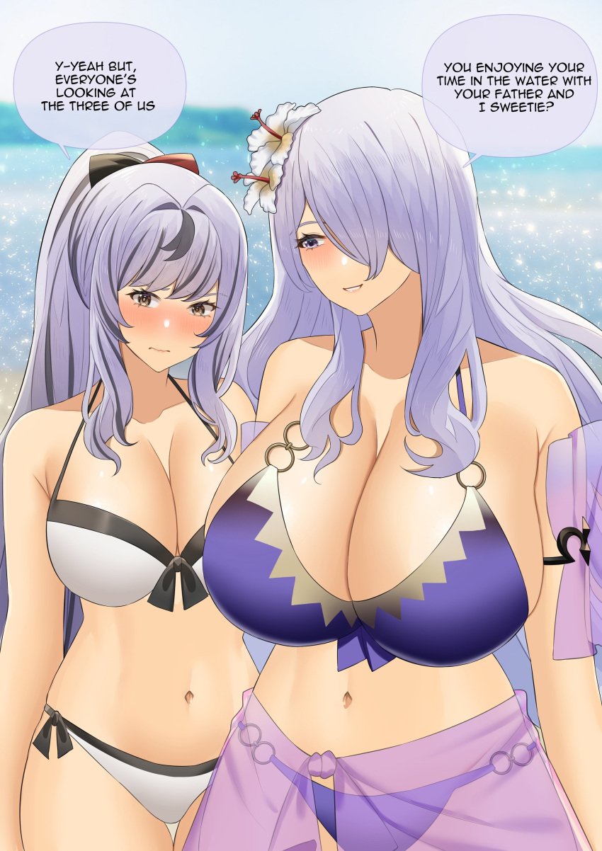 2girls alternate_costume big_breasts bikini breasts camilla_(fire_emblem) camilla_(summer)_(fire_emblem) embarrassed english_text female female_only fire_emblem fire_emblem_fates fire_emblem_heroes genm7 huge_breasts large_breasts long_hair mother_and_daughter mother_daughter_boob_envy_(meme) nintendo official_alternate_costume original purple_bikini purple_hair purple_swimsuit text