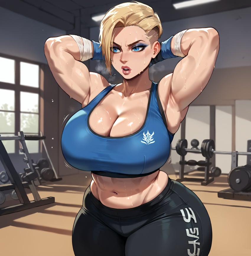 1girls ai_generated alternate_costume big_breasts blonde_hair blue_eyes cassie_cage cleavage curvaceous curvy_female eyeshadow female female_focus female_only gym gym_clothes gym_uniform hands_behind_head large_breasts light-skinned_female light_skin midriff midriff_showing mortal_kombat mortal_kombat_x muscular_arms netherrealm_studios smogai sports_bra sportswear standing sweat thick thick_thighs voluptuous voluptuous_female weight_bench wide_hips