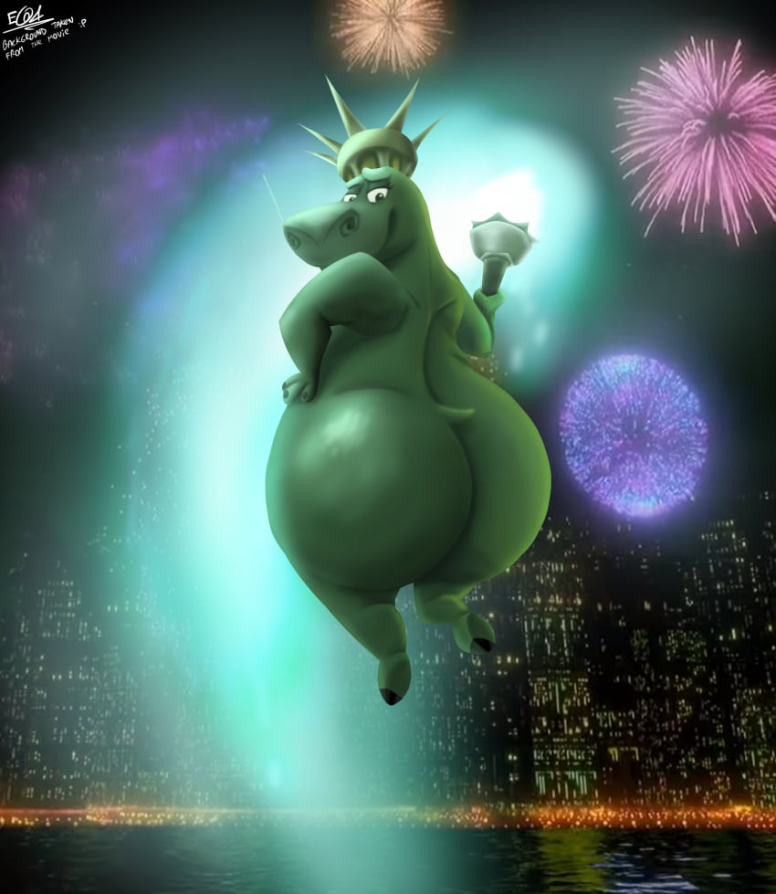 1animal 1girls ass background big_ass big_nose cities crown dreamworks estudiomega female floating gloria_the_hippopotamus grey_body grey_skin hippopotamus july_4th madagascar_(film) madagascar_(series) new_york new_york_city posing public_domain smile smiling smiling_at_viewer statue_of_liberty torch_light