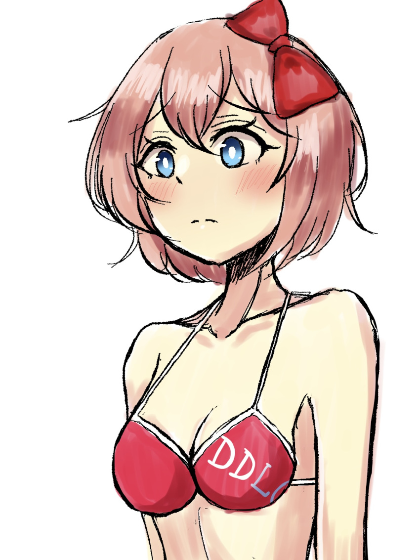 bare_shoulders blue_eyes blush bow breasts cleavage collarbone doki_doki_literature_club hair_bow hairbow mhmundead miham_moni oham_yuri red_bow red_hair_bow red_hairbow sayori_(doki_doki_literature_club) strawberry_blonde_hair