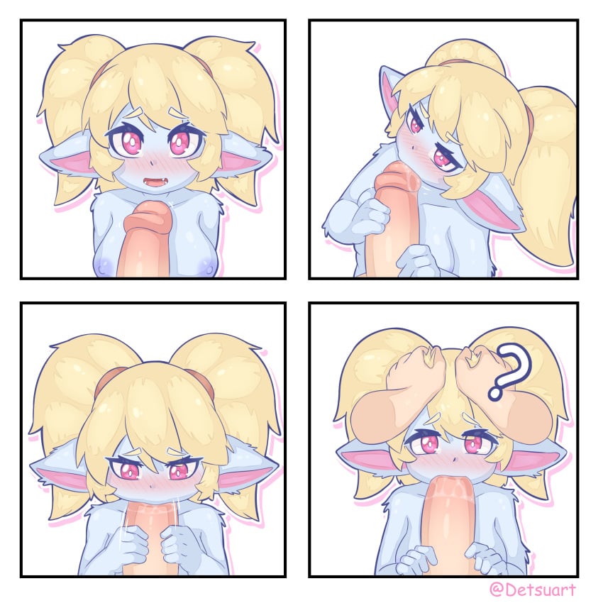 absurd_res anthro blonde_hair blue_body blue_fur detsu duo fellatio female fur hair hand_on_head hi_res league_of_legends male male/female oral penile poppy purple_eyes riot_games sex tencent twintails yordle