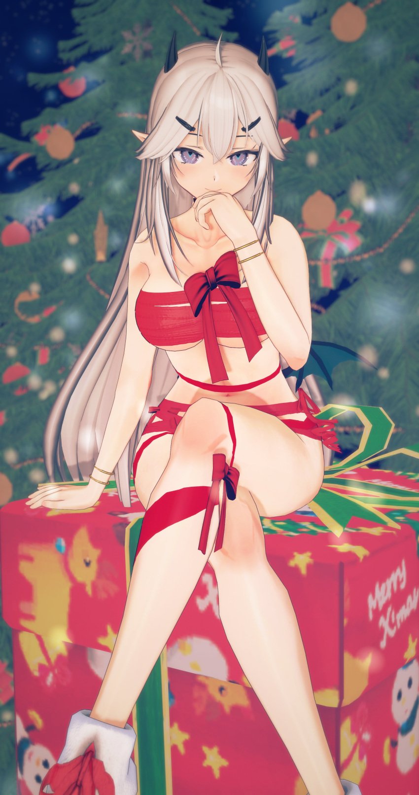 1girls 3d bracelet bracelets breasts christmas_present christmas_tree deluxe_rosie demon demon_girl demon_horns demon_wings female female_only horns indie_virtual_youtuber legs_crossed light-skinned_female light_skin long_hair looking_at_viewer medium_breasts naked_ribbon revealing_clothes ribbon shoes sitting solo solo_female succubus thighs veibae virtual_youtuber white_hair wings