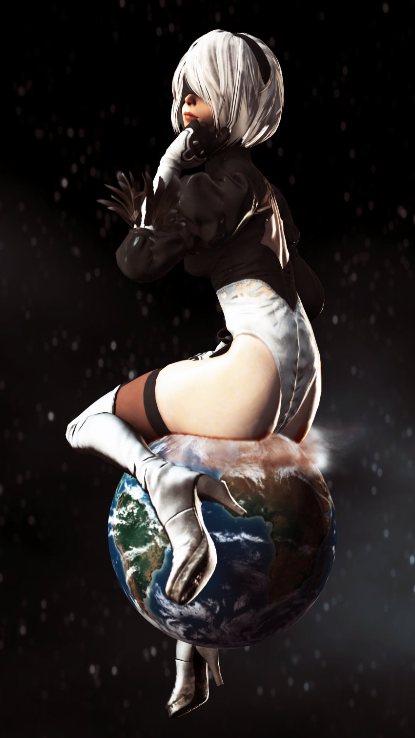 1girls 2020 3d 3d_(artwork) black_blindfold blindfold clothed clothed_female earth female female_focus female_only giantess giga_giantess js3ds light-skinned_female light_skin nier nier:_automata nier_(series) planet short_hair sitting sitting_on_planet solo solo_female solo_focus video_game_character white_hair yorha_2b